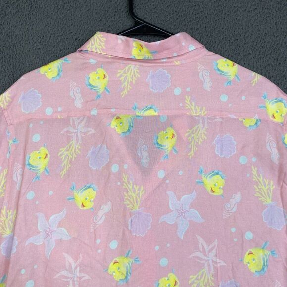 Disney Button Down Mens L Pink The Little Mermaid Flounder Camp Shirt Rayon NEW - Picture 9 of 9